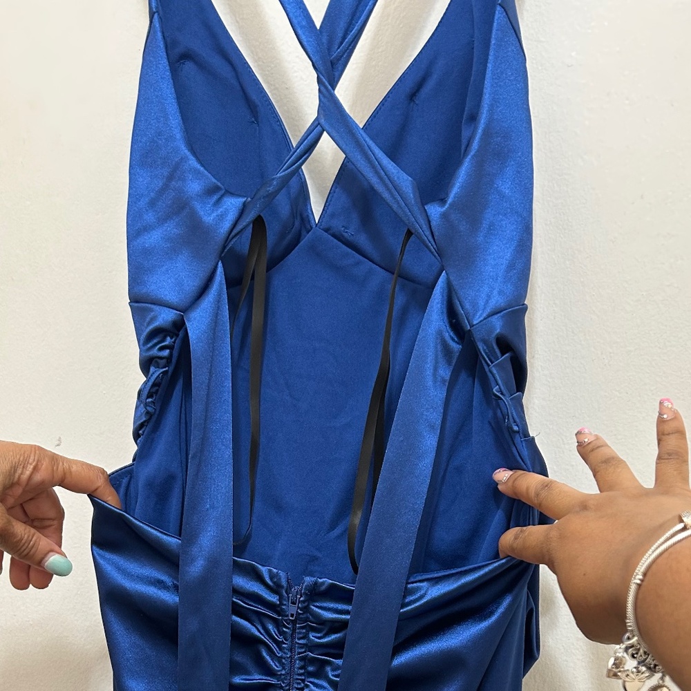 NWOT B. Darlin Sleeveless Satin X-Back Long Marine Blue Dress- Size 13/14 - Picture 9 of 13